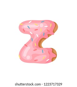 Cartoon vector illustration Donut Letters Z. Hand drawn font with sweet bun. Actual Creative art bake alphabet 