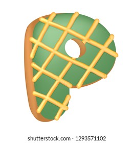 Cartoon vector illustration Donut Letters P. Hand drawn font with sweet bun. Actual Creative art bake alphabet