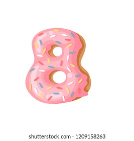 Cartoon vector illustration Donut Number 8. Hand drawn font with sweet bun. Actual Creative art bake alphabet 