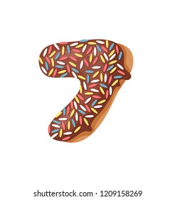Cartoon vector illustration Donut Number 7. Hand drawn font with sweet bun. Actual Creative art bake alphabet 
