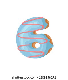 Cartoon vector illustration Donut Number 6. Hand drawn font with sweet bun. Actual Creative art bake alphabet 