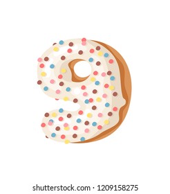 Cartoon vector illustration Donut Number 9. Hand drawn font with sweet bun. Actual Creative art bake alphabet 