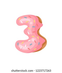 Cartoon vector illustration Donut Number 3. Hand drawn font with sweet bun. Actual Creative art bake alphabet 