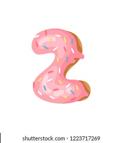 Cartoon vector illustration Donut Number 2. Hand drawn font with sweet bun. Actual Creative art bake alphabet 