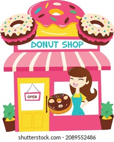 A Cartoon Vector Illustration Of A Donut Shop And Storekeeper At The Window.