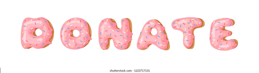 Cartoon vector illustration donut and word DONATE. Hand drawn drawing sweet bun. Actual Creative art work bake