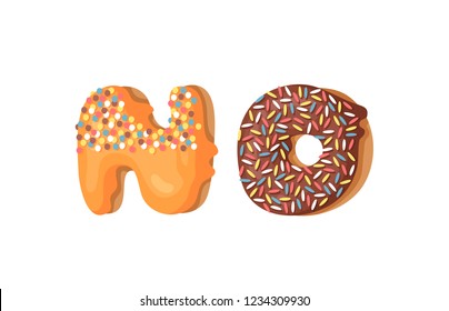 Cartoon vector illustration donut and word NO. Hand drawn drawing sweet bun. Actual Creative art work bake