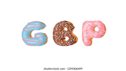Cartoon vector illustration donut and word DBP. Hand drawn drawing sweet bun Pound Sterling. Actual Creative art work bake