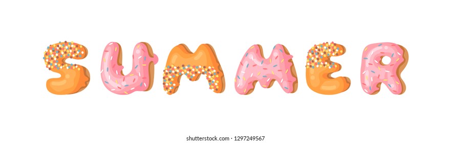 Cartoon vector illustration donut and word SUMMER. Hand drawn drawing sweet bun. Actual Creative art work bake