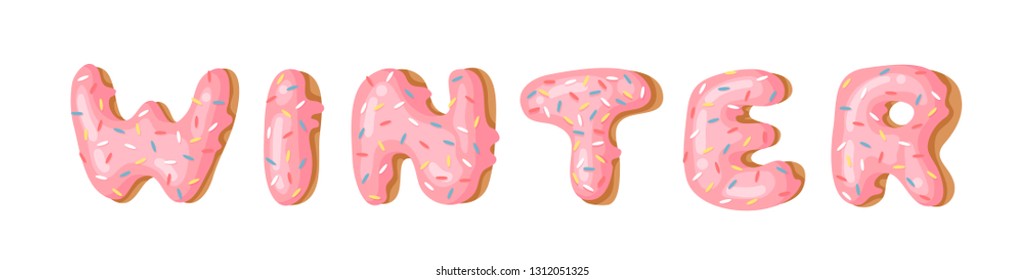 Cartoon vector illustration donut and word WINTER. Hand drawn drawing sweet bun. Actual Creative art work bake