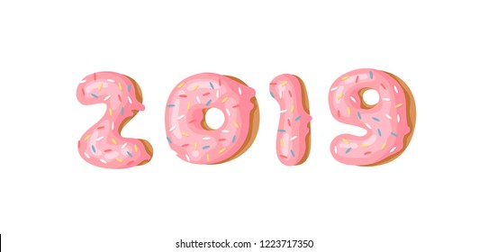 Cartoon vector illustration donuts. Hand drawn set of numbers 2019 with sweet bun. Actual Creative art work bake