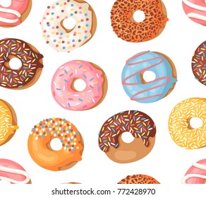 Cartoon vector illustration donuts. Hand drawn seamless pattern sweet bun. Actual Creative art work bake background