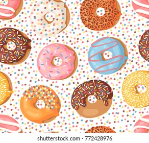 Cartoon vector illustration donuts. Hand drawn seamless pattern sweet bun. Actual Creative art work bake background