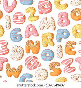 Cartoon vector illustration donuts letters and numbers. Hand drawn seamless pattern sweet bun. Actual Creative art work bake background
