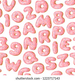 Cartoon vector illustration donuts letters and numbers. Hand drawn seamless pattern sweet bun. Actual Creative art work bake background