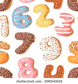 Cartoon vector illustration donuts numbers. Hand drawn seamless pattern sweet bun. Actual Creative art work bake background