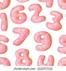 Cartoon vector illustration donuts numbers. Hand drawn seamless pattern sweet bun. Actual Creative art work bake background