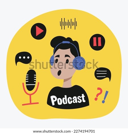 Cartoon vector illustration in doodle style for podcast. A man with headphones speaks into a microphone. Recording and listening to broadcasts, podcasts, radio broadcasts. Concept of a podcast sketch.