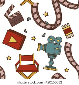 Cartoon vector illustration doodles hand drawn cinema seamless pattern