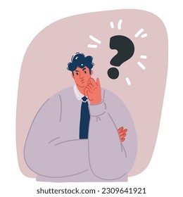 Cartoon vector illustration of Doubting man. Smart man with questions. memory and solution, searching and thinking concept, unsatisfied serious worrying human.