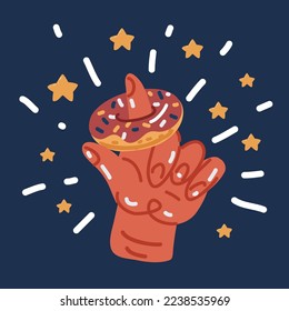La ilustración vectorial de la caricatura de la rosquilla se balancea en el dedo índice sobre el fondo oscuro