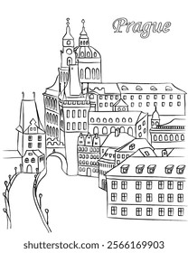 Cartoon vector illustration of downtown Prague in chalk 