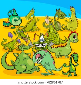 Cartoon Vector Illustration of Dragons Fantasy Characters Group