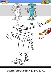 Cartoon Vector Illustration of Drawing and Coloring Educational Task for Preschool Children with Robot Fantasy Character