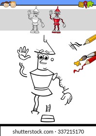 Cartoon Vector Illustration of Drawing and Coloring Educational Task for Preschool Children with Robot Fantasy Character