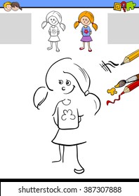 Cartoon Vector Illustration of Drawing and Coloring Educational Activity for Preschool Children with Cute Girl Character