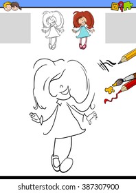 Ilustración vectorial de dibujos animados de dibujo y colorear actividad educativa para niños en edad preescolar con personaje de niña