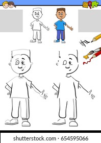 Cartoon Vector Illustration of Drawing and Coloring Educational Activity for Preschool with Boy Character