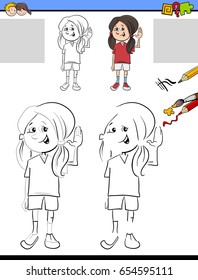 Cartoon Vector Illustration of Drawing and Coloring Educational Activity for Preschool with Kid Girl Character