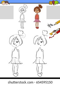Cartoon Vector Illustration of Drawing and Coloring Educational Activity for Preschool with Girl Character