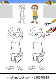Cartoon Vector Illustration of Drawing and Coloring Educational Activity for Children with Boy Character
