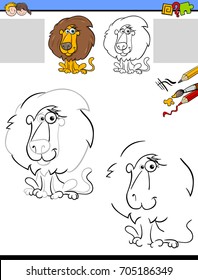 Cartoon Vector Illustration of Drawing and Coloring Educational Activity for Children with Lion Animal Character