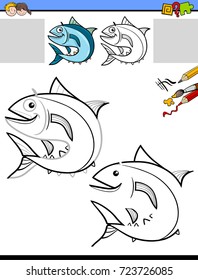 Cartoon Vector Illustration of Drawing and Coloring Educational Activity for Children with Tuna Fish Animal Character
