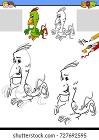 Cartoon Vector Illustration of Drawing and Coloring Educational Activity for Children with Parrot Bird Animal Character