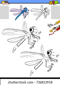 Cartoon Vector Illustration of Drawing and Coloring Educational Activity for Children with Dragonfly Insect Animal Character