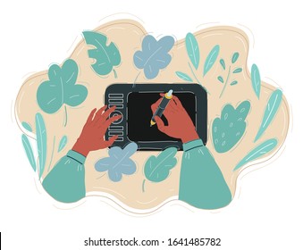 Cartoon vector illustration of drawing on tablet. Digitizer and human hands.