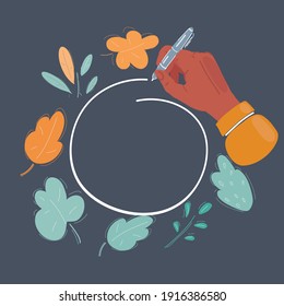 Cartoon vector illustration of drawnign circle mark by hand on dark background.