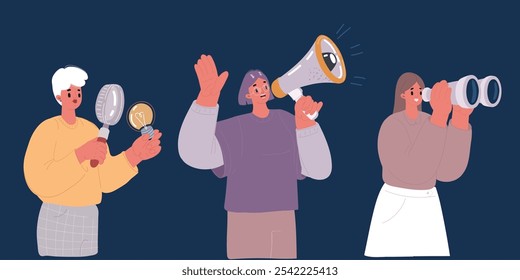 Cartoon vector illustration of Dream team. Different specialization People with symbol them work. Creative, researching, looking, promotion. Binoculars, magnifying glass, bulb, megaphone, binoculars