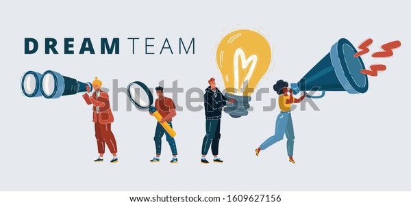 Cartoon vector illustration of Dream team\
concept. Different specialization People with symbol of them work.\
Creative, researching, looking, promotion. Binoculars, magnifying\
glass, bulb,\
megaphone.