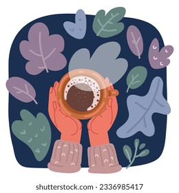 Cartoon vector illustration of drinking coffee. Tea Coffee Break, Cup Mug holding by hands. Hands warm on a cup. Top view over dark