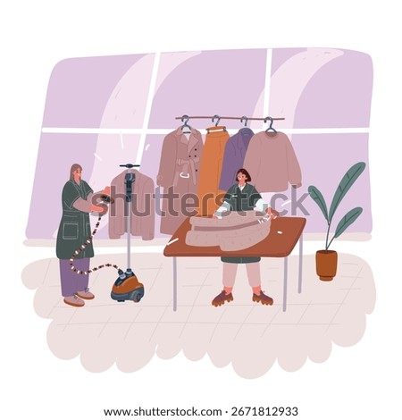 Cartoon vector illustration of dry-cleaner scene.