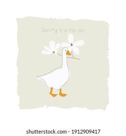 Cartoon vector illustration of duck countryside bird animal character and spring blossom magnolia flowers in pastel colors