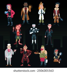 Cartoon vector illustration of dystopian cyberpunk characters. Sci-fi set hacker detective scientist gangster mutant robot agent millionaire samurai cook vr. Flat colors, dark background