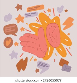 Ilustração vetorial de desenho animado de orelha e mãos de perto. O conceito de espionagem, espionagem, fofoca e imprensa amarela.