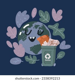 Cartoon vector illustration of Earth day or save earth or love the earth. Trash Can with wasted Paper Inside. Paper Bin Bucket. Recycle consept over dark