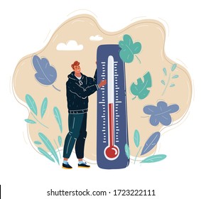 Cartoon vector illustration of Earth of Global Warming. Tiny man characters thermometer show temperature.